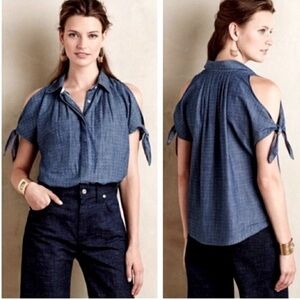 Banana Republic tie sleeve cutout open shoulder chambray top xxs